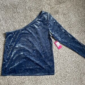 NWT Vince Camuto Artistic Muse Blue Velvet One Shoulder Blouse XL